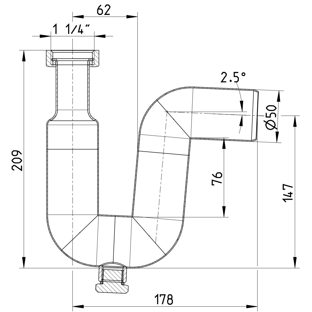 33W481 - Siphon en P 1-1/4 po (31,5 mm) de calibre 20, longueur maximum à  partir du tuyau de sortie 20 po (50,8 cm)