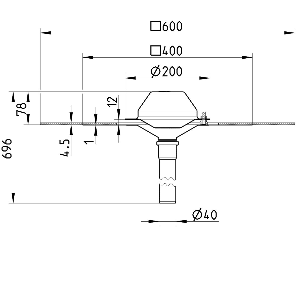 Line drawing of a drain from the series Drain for siphonic-bitumen collar.